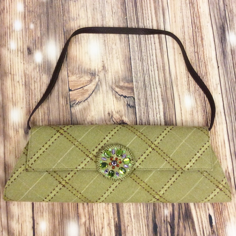 Jeweled Plaid Green Envelope Clutch Purse Handbag
